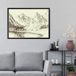 Obraz w ramie Szkic - górski krajobraz, mały ośrodek alpejski