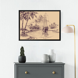 Obraz w ramie Tropikalna zatoka i łódź - ilustracja