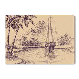 Obraz na płótnie Tropikalna zatoka i łódź - ilustracja