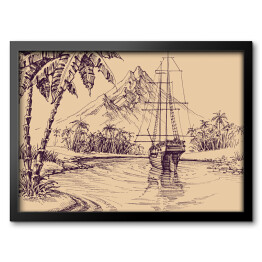 Obraz w ramie Tropikalna zatoka i łódź - ilustracja