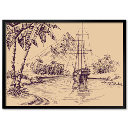 Tropikalna zatoka i łódź - ilustracja