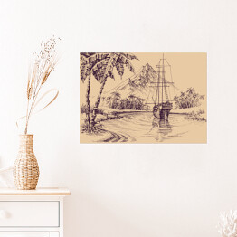 Plakat Tropikalna zatoka i łódź - ilustracja