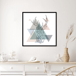 Plakat w ramie Geometryczny renifer na tle pastelowych trójkątów - ilustracja