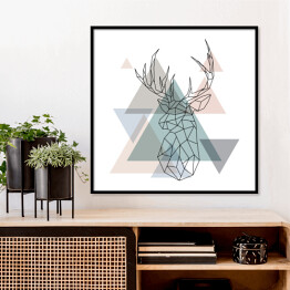 Plakat w ramie Geometryczny renifer na tle pastelowych trójkątów - ilustracja