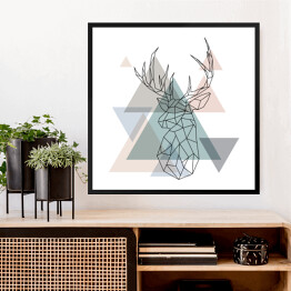 Obraz w ramie Geometryczny renifer na tle pastelowych trójkątów - ilustracja
