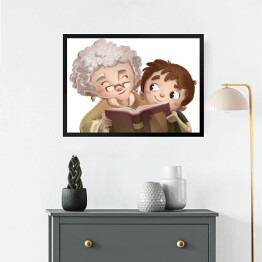 Obraz w ramie Chłopiec z babcią czytający książkę 