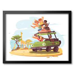Obraz w ramie Grupa turystów na safari - kolorowa ilustracja