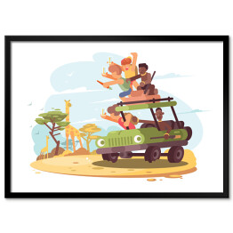 Plakat w ramie Grupa turystów na safari - kolorowa ilustracja