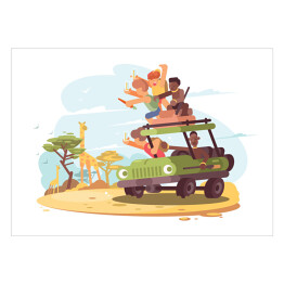 Plakat samoprzylepny Grupa turystów na safari - kolorowa ilustracja
