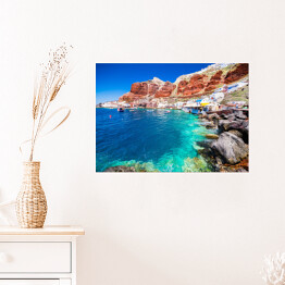 Plakat Plaża przy Santorini z turkusową wodą