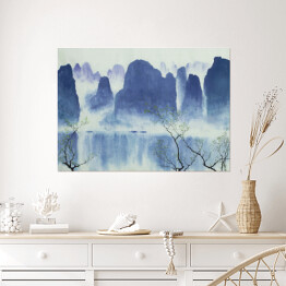 Plakat samoprzylepny Chiński krajobraz z górami, wodą i mgłą