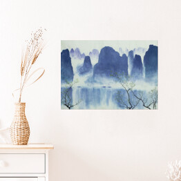 Plakat Chiński krajobraz z górami, wodą i mgłą