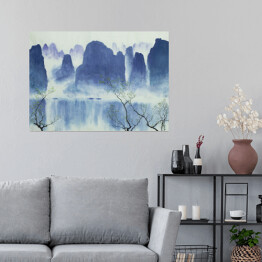 Plakat samoprzylepny Chiński krajobraz z górami, wodą i mgłą