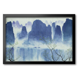Obraz w ramie Chiński krajobraz z górami, wodą i mgłą