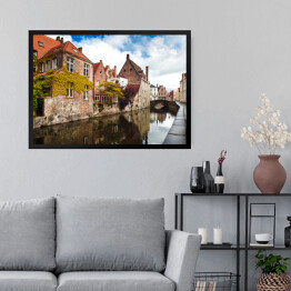 Obraz w ramie Tradycyjne domy miasta Brugia w Belgii wzdłóż kanału