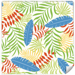 Tapeta w rolce Tropikalny wzór z czerwonymi, zielonymi, żółtymi i niebieskimi liśćmi