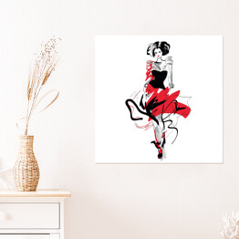Plakat samoprzylepny Modelka w czerwono czarnej sukni na wybiegu