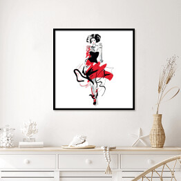 Plakat w ramie Modelka w czerwono czarnej sukni na wybiegu