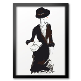 Obraz w ramie Moda dziewczyna w czarnym kapeluszu i płaszczu