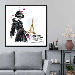 Obraz w ramie Moda dziewczyna w Paryżu - szkic