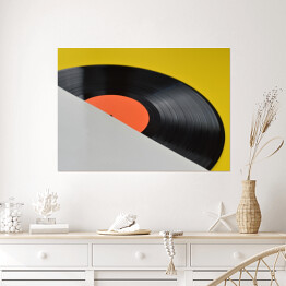 Plakat samoprzylepny Winylowa płyta z pustą pomarańczową etykietą na żółtym tle