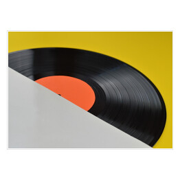 Plakat Winylowa płyta z pustą pomarańczową etykietą na żółtym tle