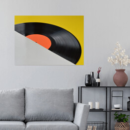 Plakat samoprzylepny Winylowa płyta z pustą pomarańczową etykietą na żółtym tle