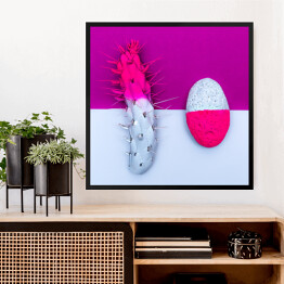Obraz w ramie Kamień i kaktus - biało różowo fioletowa ilustracja