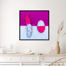 Plakat w ramie Kamień i kaktus - biało różowo fioletowa ilustracja