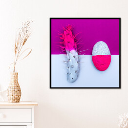 Plakat w ramie Kamień i kaktus - biało różowo fioletowa ilustracja