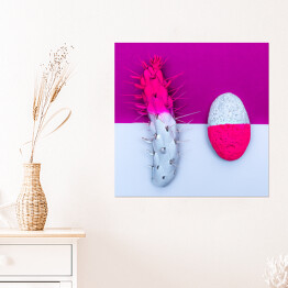Plakat samoprzylepny Kamień i kaktus - biało różowo fioletowa ilustracja