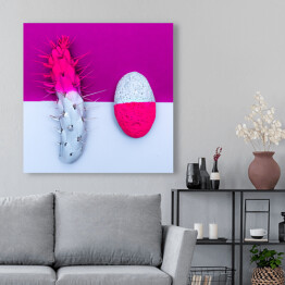 Obraz na płótnie Kamień i kaktus - biało różowo fioletowa ilustracja