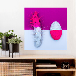 Plakat samoprzylepny Kamień i kaktus - biało różowo fioletowa ilustracja