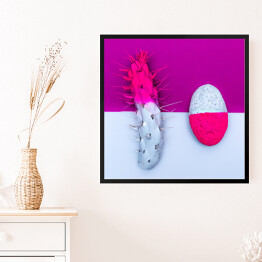 Obraz w ramie Kamień i kaktus - biało różowo fioletowa ilustracja