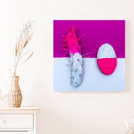 Obraz na płótnie Kamień i kaktus - biało różowo fioletowa ilustracja