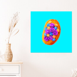 Plakat samoprzylepny Papaja i kwiaty na niebieskim tle