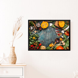 Obraz w ramie Zdrowe i ekologiczne warzywa w stylu rustykalnym stole kuchennym 