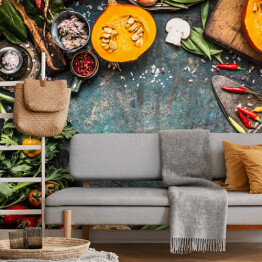 Fototapeta Zdrowe i ekologiczne warzywa w stylu rustykalnym stole kuchennym 