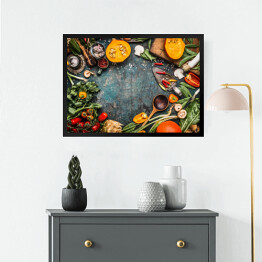 Obraz w ramie Zdrowe i ekologiczne warzywa w stylu rustykalnym stole kuchennym 