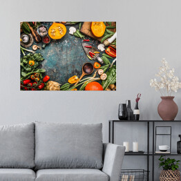 Plakat samoprzylepny Zdrowe i ekologiczne warzywa w stylu rustykalnym stole kuchennym 