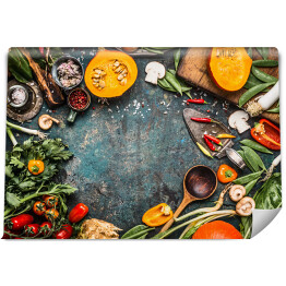 Fototapeta winylowa zmywalna Zdrowe i ekologiczne warzywa w stylu rustykalnym stole kuchennym 