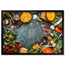 Plakat w ramie Zdrowe i ekologiczne warzywa w stylu rustykalnym stole kuchennym 