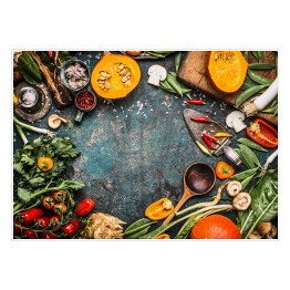 Plakat Zdrowe i ekologiczne warzywa w stylu rustykalnym stole kuchennym 