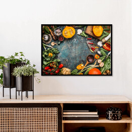Plakat w ramie Zdrowe i ekologiczne warzywa w stylu rustykalnym stole kuchennym 