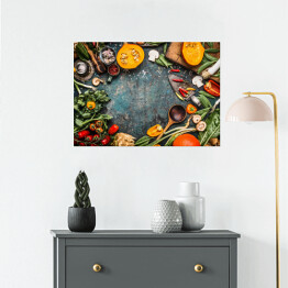 Plakat samoprzylepny Zdrowe i ekologiczne warzywa w stylu rustykalnym stole kuchennym 