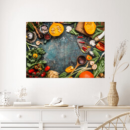 Plakat Zdrowe i ekologiczne warzywa w stylu rustykalnym stole kuchennym 