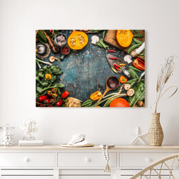 Obraz na płótnie Zdrowe i ekologiczne warzywa w stylu rustykalnym stole kuchennym 