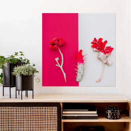 Plakat samoprzylepny Czerwone kwiaty na biało czerwonym tle