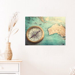 Plakat Stary kompas na kolorowej vintage mapie