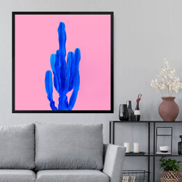 Obraz w ramie Niebieski kaktus na różowym tle